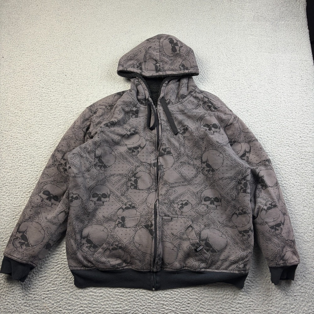 VTG Y2K MMA Elite Jacket Mens Skull AOP Sherpa Lined Full Zip Hoodie Grunge 2XL